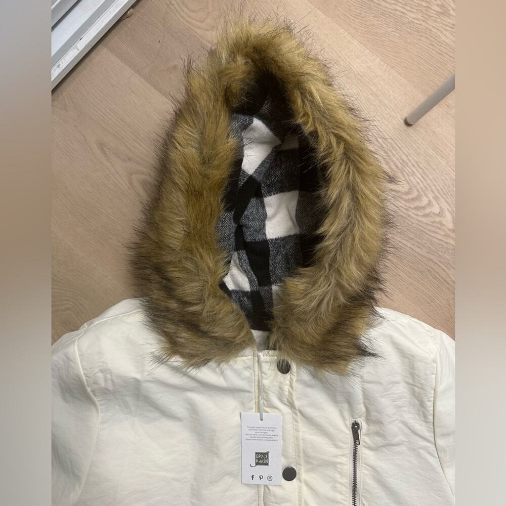 NWT Grace Karin Women's Cream Hooded Jacket W/Faux Fur hood Size M - Picture 3 of 9